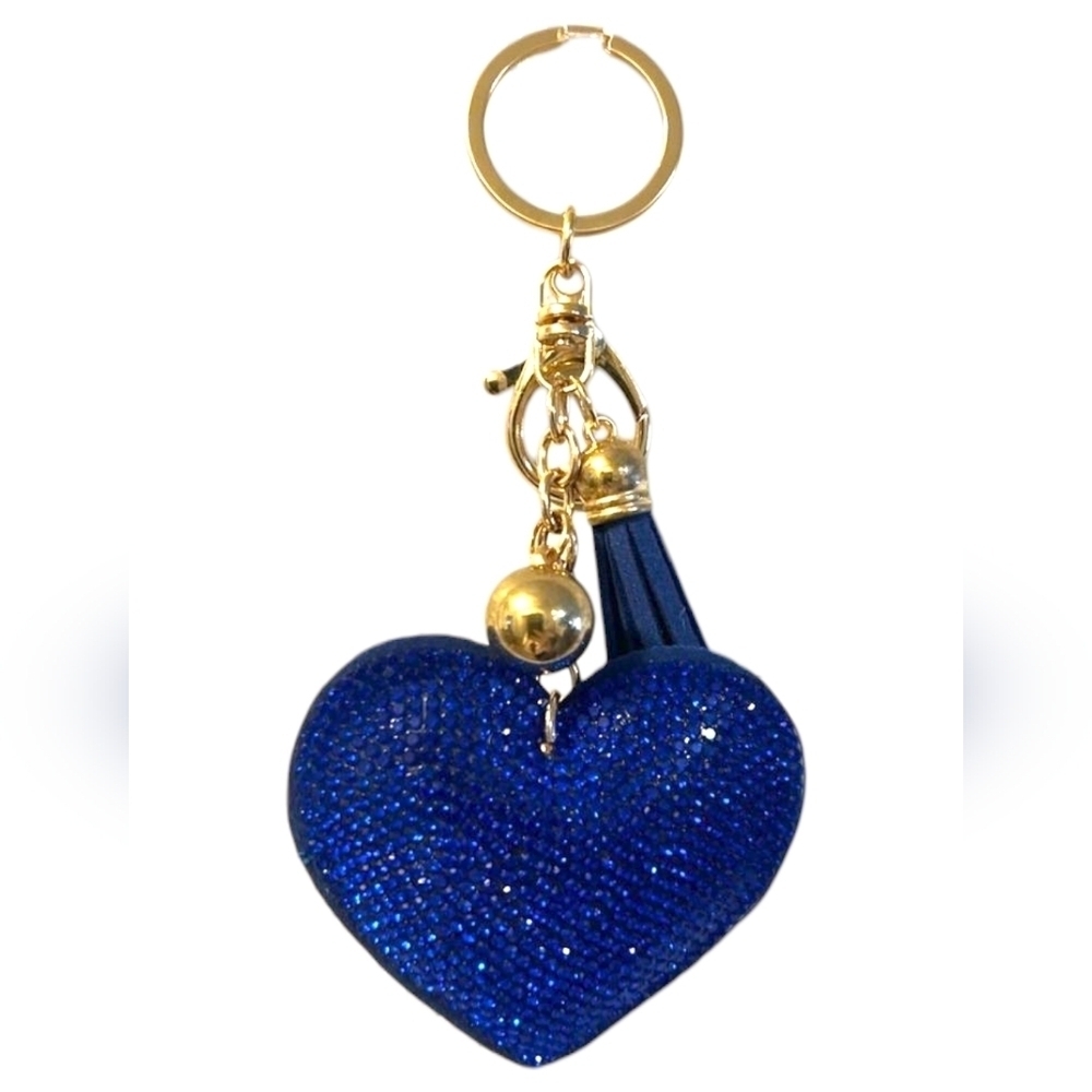 Blue Heart Keychain with Gold Accents, New